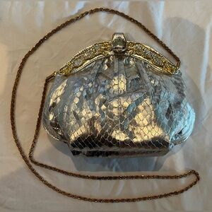 Silver Snake Skin Shoulder Purse with Bedazzled Gold Tiger Accent